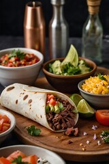 Traditional Mexican food, Beef burritos with meat and beans with vegetable