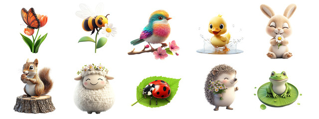 Obraz premium A 3D icon of a different types of animals in spring, bird, ladybug, bunny, squirrel, bee, duck, frog, sheep, butterfly, and hedgehog on a transparent background.