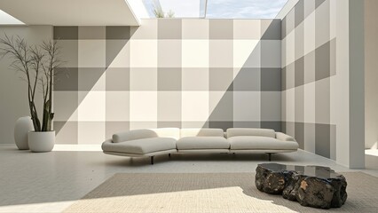 Generative AI, Minimalist living room with a bold checkerboard wall and sculptural accents.