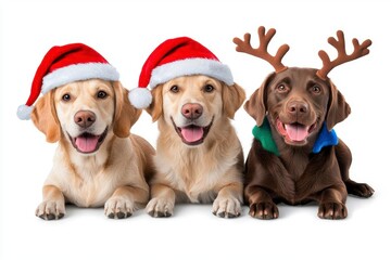 A photostock of cheerful dogs in festive outfits, including Santa hats and reindeer antlers, posing together on a white background, perfect for Christmas pet themes. High Quality