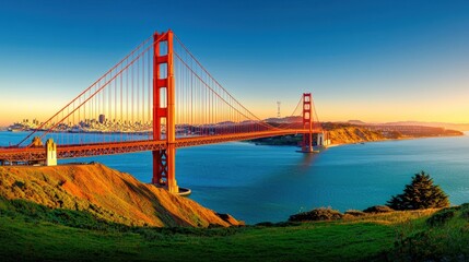 Golden Gate Bridge at sunrise over San Francisco Bay.