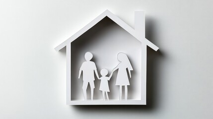 A simple white house shape with paper cut figures of parents and children inside, placed on a blank background to convey the concept of a happy family life