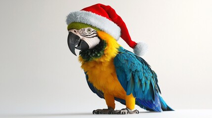 Blue-and-gold macaw wearing a Santa hat.