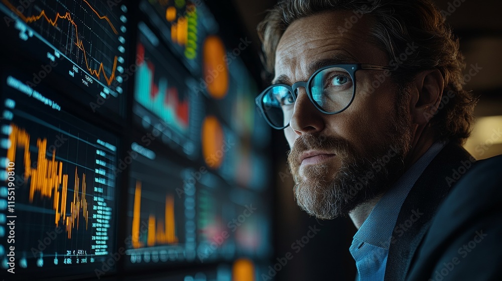 Poster financial analyst monitoring real-time stock market data on multiple computer screens
