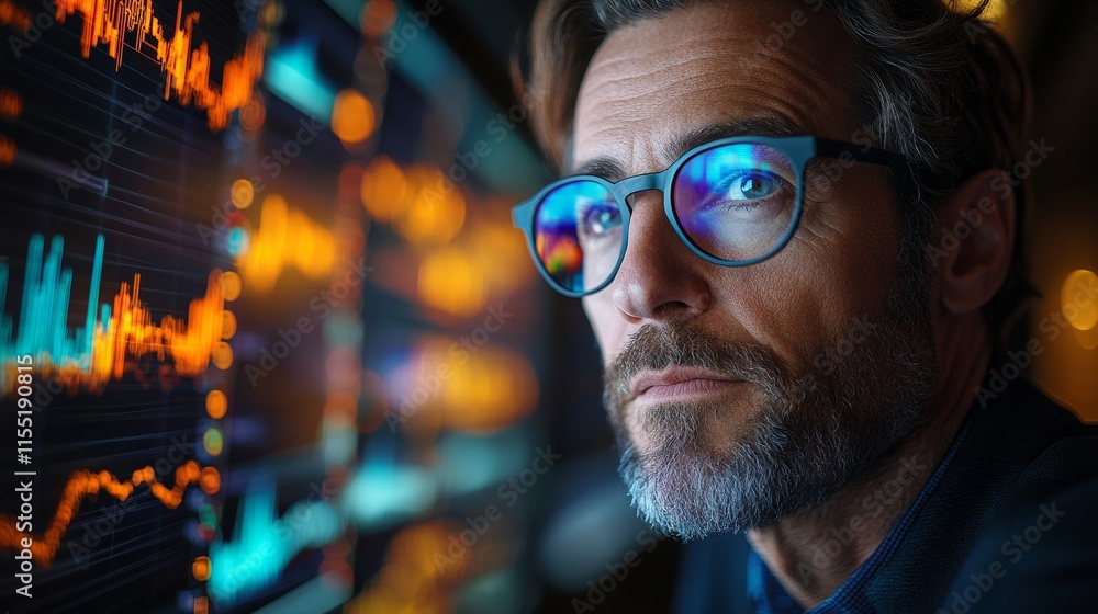 Poster financial analyst monitoring stock market data on multiple computer screens