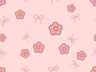 Seamless pattern with cute flower and ribbon bows on pink background vector.