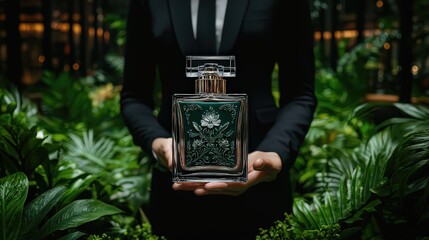 Elegant Man in Formal Suit Holding a Luxury Bottle of Fragrance in a Stylish Setting Embodying Sophistication Charm and Timeless Allure