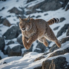 Fototapeta premium A snow-covered lynx leaping between rocks in the mountains.