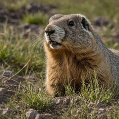 A marmot peeking out of a burrow in a mountain field.