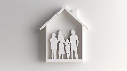 A simple white house shape with paper cut figures of parents and children inside, placed on a blank background to convey the concept of a happy family life