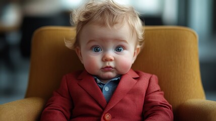 Baby boss sitting on a yellow armchair wearing a red jacket