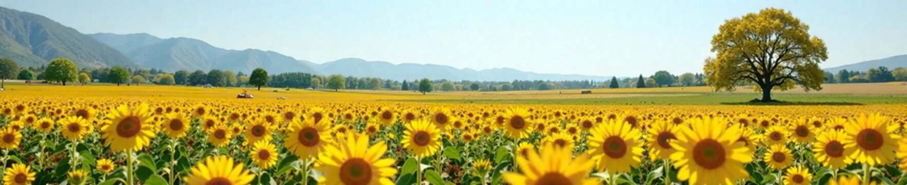 An open field filled with flovers and blooming almond trees in the background, flower field, blooming almond tree, sunflower