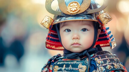 Japanese baby wearing samurai armor posing for a portrait
