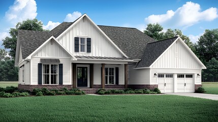 Stunning Farmhouse Exterior Design: White Walls, Gray Roof, and Two-Car Garage