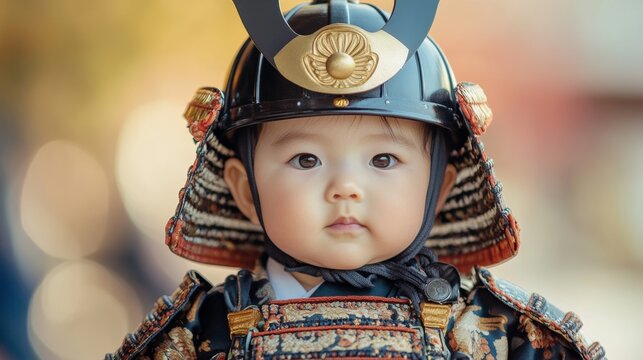 Adorable Japanese Baby Wearing Traditional Samurai Armor