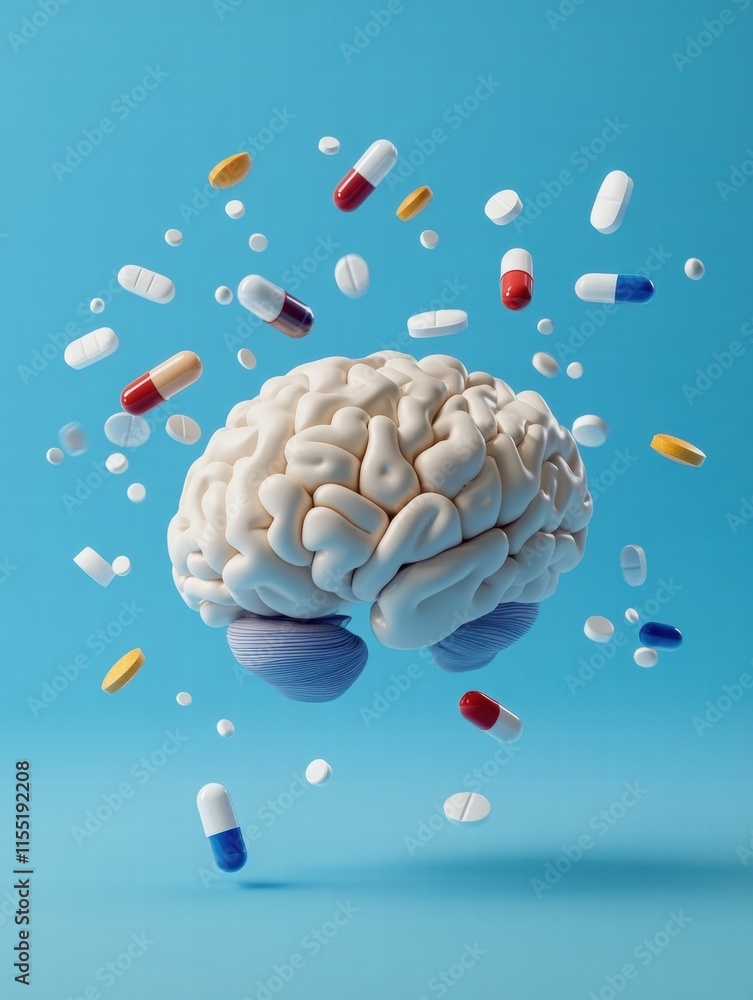 Leinwandbilder 3d model of a human brain surrounded by various colorful pills for medical and educational visualiza