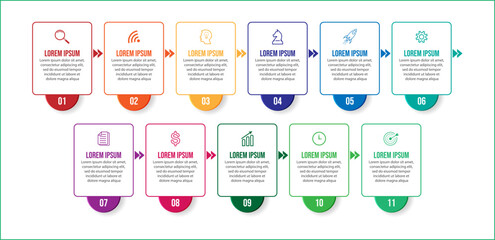 colorful minimalist infographic business design with lines and icons. 11 interconnected sections