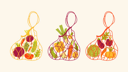 Set eco hand made bag or reusable bag full of vegetables from local market. Agriculture produce, harvest. Ripe fresh organic food- tomatoes, cucumbers, broccoli, carrots, onions and other ingredients.