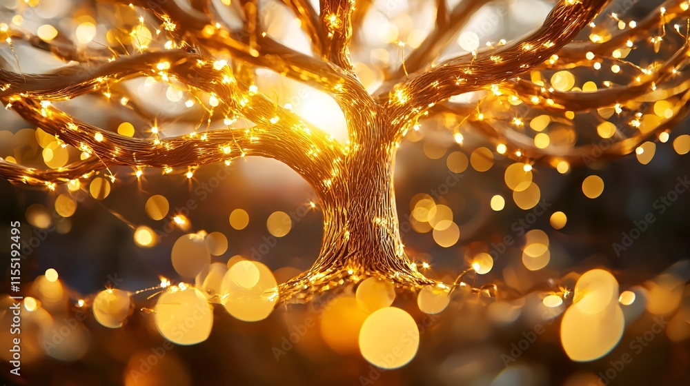 Poster goal of life and purpose and growth concept. illuminated tree with warm bokeh background effects