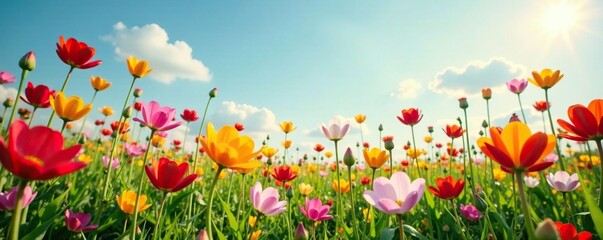 A rainbow of wild flowers swaying in the breeze, spring, growth