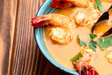 French seafood bouillabaisse soup with shrimps and mussels photography . Top view
