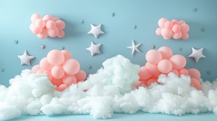 First birthday celebration with christmas theme  balloons, stars, and fluffy clouds backdrop