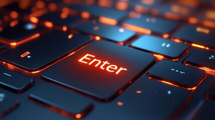 Glowing Enter Key on Modern Keyboard Close Up