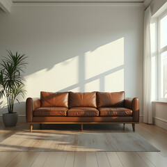 A close up of a couch in a room with a plant, placed in a large living room