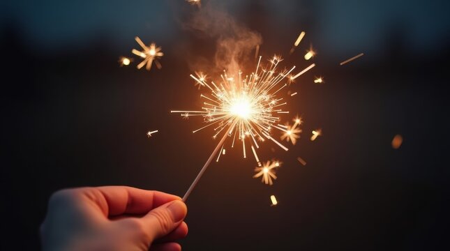 hand holding a lit sparkler, with bright sparks illuminating the night