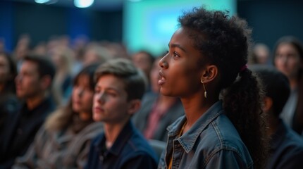 Fototapeta premium young person speaking passionately at a youth conference, with an audience engaged and inspired