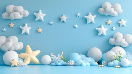 Obraz premium First birthday celebration with a festive christmas theme featuring balloons, stars, and clouds