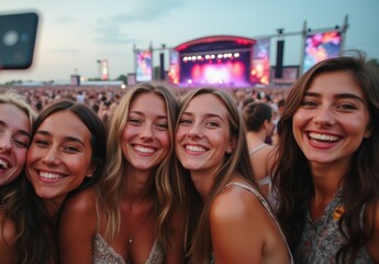 Fototapeta premium A fun and lively group selfie taken at a music festival