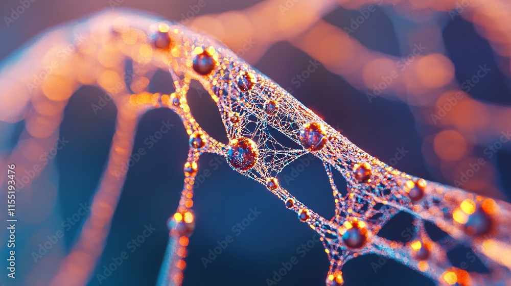 Poster goal of life and purpose and growth concept. delicate web with sparkling dew drops in sunlight