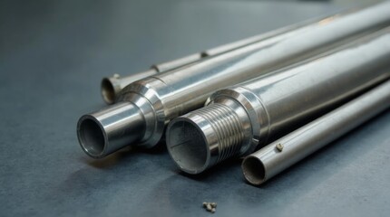 Fototapeta premium A group of stainless steel pipes sitting on top of a table