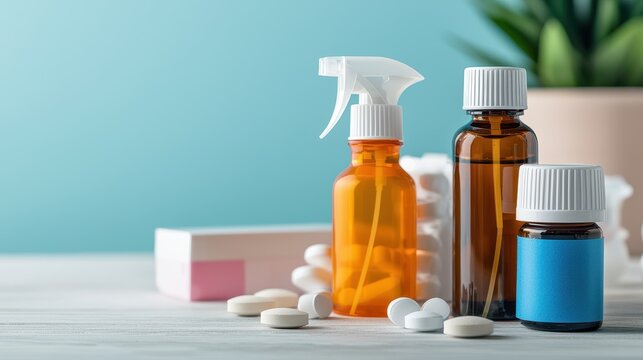 Allergy and Treatment Concept, Seasonal Allergy Prevention Kits with Spray Bottles and Pill Containers for Effective Relief