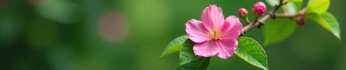 Fototapeta premium A single pink flower blooming on a branch with green leaves, , floral details, leafy branches