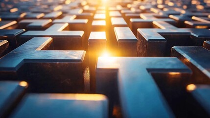 Obraz premium Goal of life and purpose and growth concept. Abstract Metallic Blocks with Radiant Light Effect