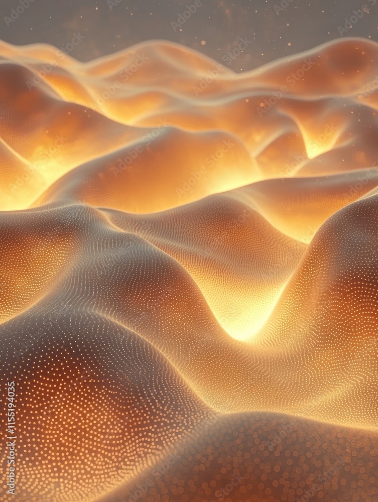Poster abstract mocha mousse terrain illuminated dots and waves digital art warm environment close-up persp