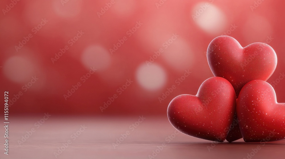 Poster three red hearts are stacked on a soft surface, set against a blurred red backdrop, creating a roman