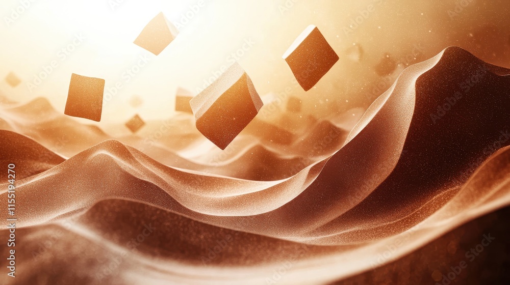 Poster abstract mocha mousse landscape with floating cubes digital art ethereal environment surreal viewpoi