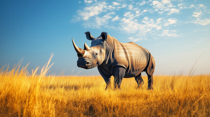 Fototapeta premium Majestic Rhinoceros Standing in Golden Savannah, The Power of Wildlife