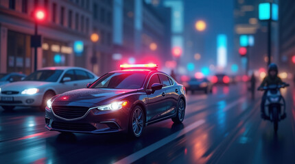Naklejka premium Police car responding to emergency in urban environment at night high-contrast lighting dynamic action scene