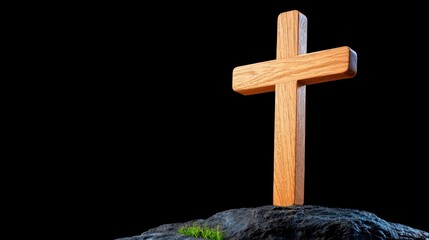 A photostock of a detailed wooden cross glowing softly amidst a dark and misty backdrop, symbolizing faith and resilience. High Quality