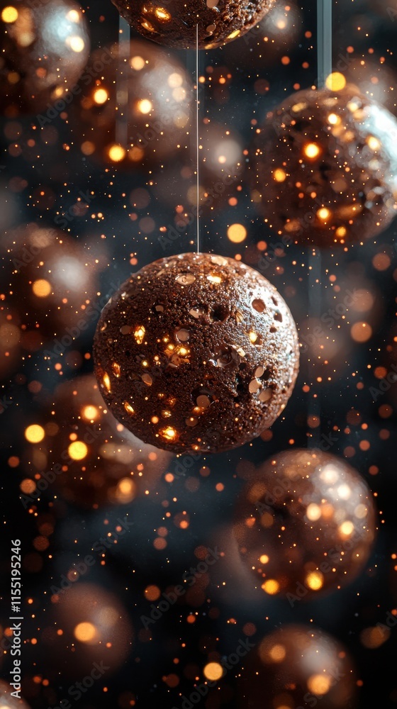 Poster ethereal mocha mousse spheres floating in dark atmosphere abstract art enigmatic mood macro perspect