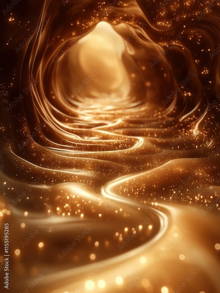 Poster melting abstract mocha mousse patterns in a golden tunnel digital art dreamlike environment close-up