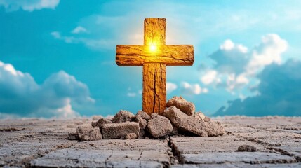 A photostock of a detailed wooden cross glowing softly amidst a dark and misty backdrop, symbolizing faith and resilience. High Quality