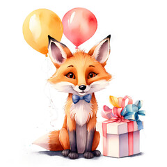Fototapeta premium Cute fox holding balloons and a gift in a festive setting for a birthday celebration