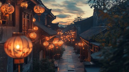 Charming Asian street at dusk with paper lanterns illuminating the narrow pathway.