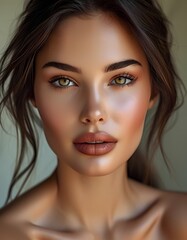 Naklejka premium A captivating portrait of a young woman with striking features and a serene expression