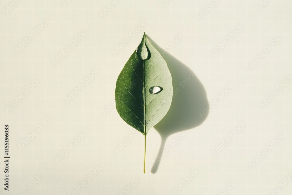 Poster Green leaf with a perfect water droplet resting on its surface in natural light creating a serene atmosphere. Generative AI